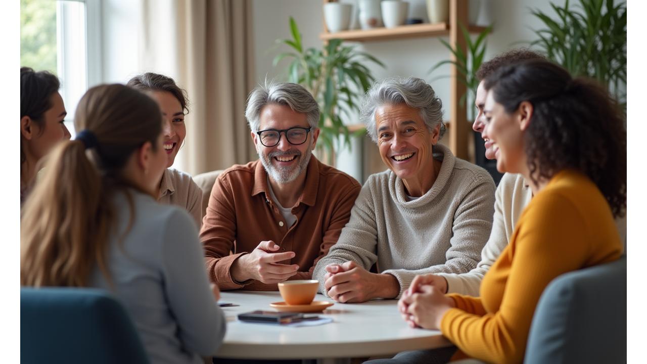 Diverse group of adults smiling, engaged in discussion in a bright, inviting space, representing a supportive online community.