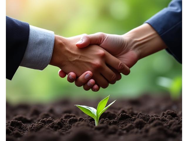 Two hands shaking with a vibrant green plant sprouting in the foreground, symbolizing growth and collaboration