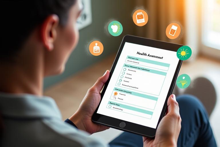 Illustration of a person interacting with an online health assessment questionnaire on a tablet, with recommended product icons appearing around them.