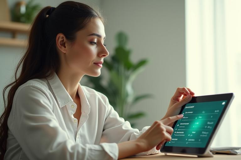 Woman over 35 looking at a personalized wellness plan on a tablet, with natural elements and soft lighting