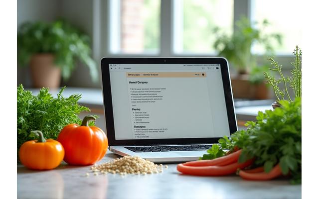A beautifully arranged countertop with fresh ingredients, cooking utensils, and a tablet displaying a recipe, symbolizing a healthy cooking series.