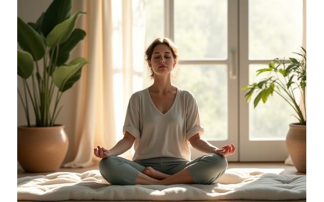 A calm person practicing deep breathing in a cozy, sunlit living room, depicting a stress management bootcamp series.